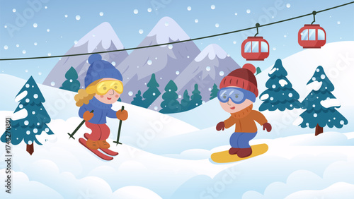 Vector illustration. Two cheerful children skiing and snowboarding down a snowy mountain slope, enjoying winter sports and outdoor adventure. Ideal for themes of recreation, cold weather fun