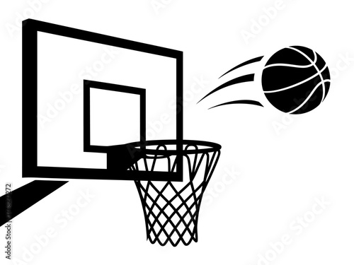 Basketball hoop and ball action shot simple black and white graphic sport game