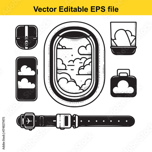 Vector art of an airplane window view with clouds outside, accompanied by travel essentials like a smartphone, watch, and luggage, isolated on a