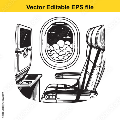 Vector art of airplane interior with seat, tray table, and window showing clouds and night sky