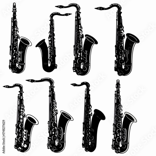 Collection of classic black and white saxophone illustrations, featuring various woodwind instruments for jazz and music concepts in vector art style.