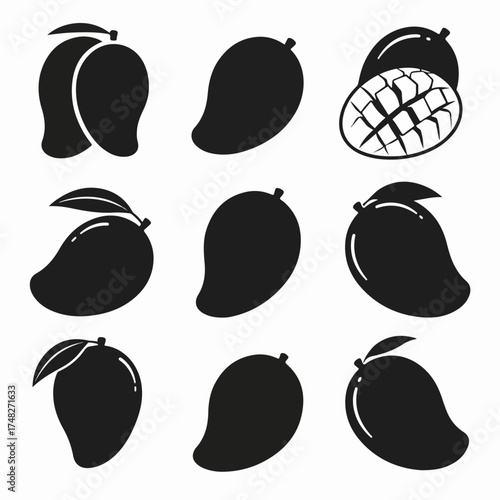 Diverse Black and White Mango Icon Set: A collection of fresh, tropical fruit silhouettes and line art, perfect for healthy food and juice branding.