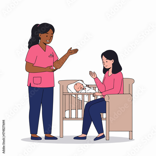 Healthcare professional provides expert advice to a new mother about her newborn baby sleeping peacefully in a crib, illustrating postpartum care and support.