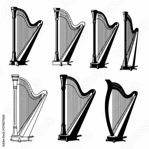 Diverse set of black and white harp illustrations, featuring various designs and styles of the classical musical instrument, perfect for elegant music-themed projects.