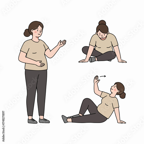 Illustration of a woman in various poses demonstrating gentle exercises, yoga, and stretching for wellness, body movement, and potential pregnancy health.