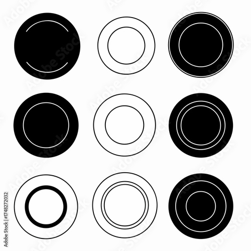 Abstract black and white circular shapes with concentric rings and solid fills, forming a geometric pattern of minimalistic icons and design elements.