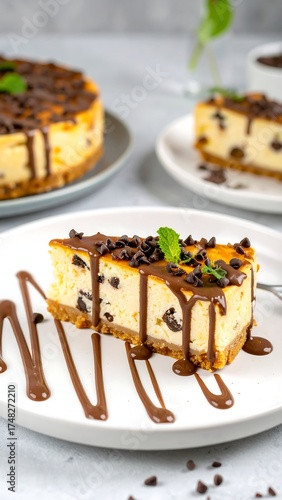Wallpaper Mural Close-up of a chocolate chip cheesecake slice.  Drizzled with chocolate sauce, garnished with chocolate chips and fresh mint Torontodigital.ca