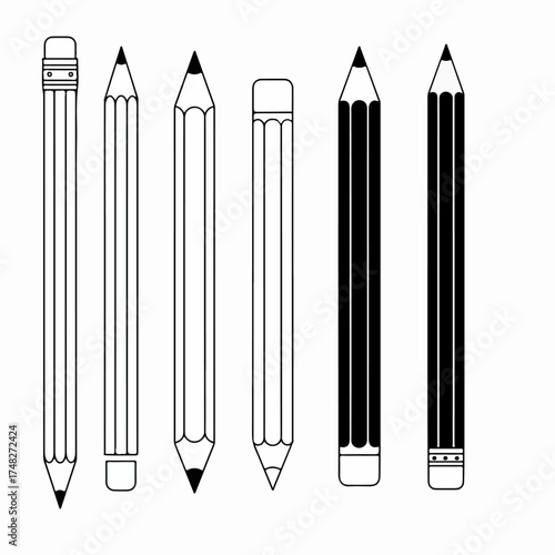 Collection of six stylized black and white pencils, including sharpened and eraser-tipped designs, illustrating various drawing and writing tools as graphic elements.