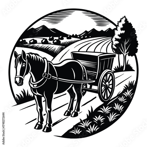 Countryside Scene Silhouette of Horse and Cart Transport Vector Graphic on White Background