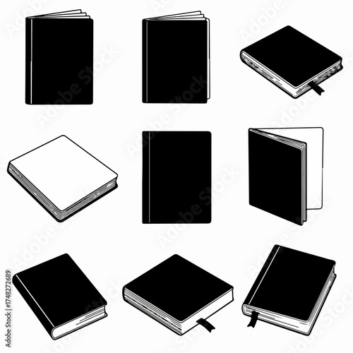 Collection of Black and White Book and Notebook Icons. Minimalist Graphic Set of Journals and Diaries in Various Orientations and Perspectives, Perfect for Education and Business.