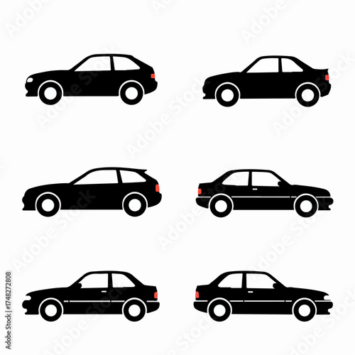 Collection of simple black car silhouettes representing various vehicle types like hatchbacks and sedans, ideal for icons, illustrations, or automotive designs.