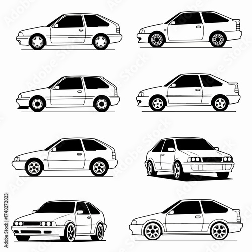 Classic compact car vector illustrations, black and white line art of retro 80s and 90s hatchback and coupe models for design projects.