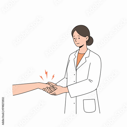 Female doctor examining a patient's hand with pain, providing medical diagnosis and healthcare illustration.
