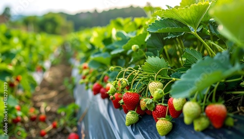 Wallpaper Mural Rows of strawberries ripen in a field.  Fresh, vibrant berries hang from plants with lush green foliage.  Darkened plastic mulch lines the rows.  Sunlight bathes the scene Torontodigital.ca