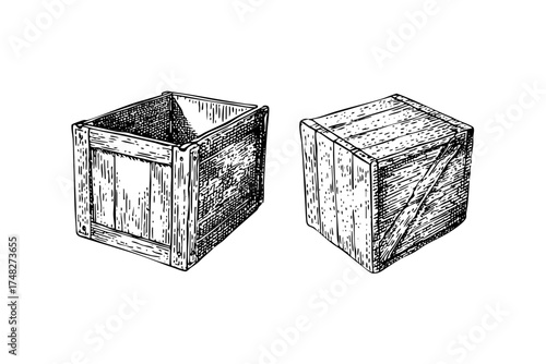 Wooden box sketch. Hand drawn delivery crate object for packaging goods. Vintage container illustration.