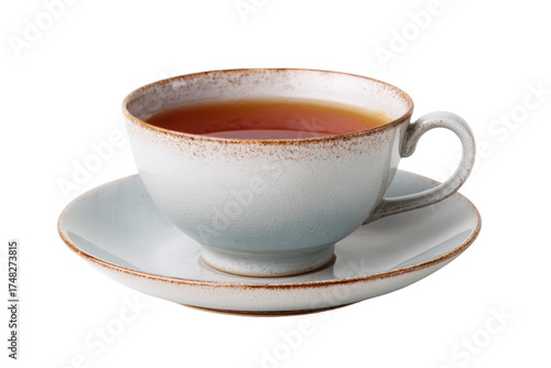 Hot tea in a rustic ceramic cup and saucer, isolated on transparent background