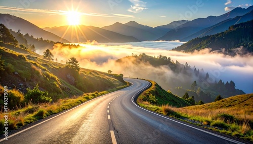 Serene Mountain Road Unfolding Towards a Golden Sunrise Bathed in Misty Haze