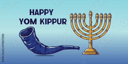 Yom Kippur Shofar and Menorah Icon Vector