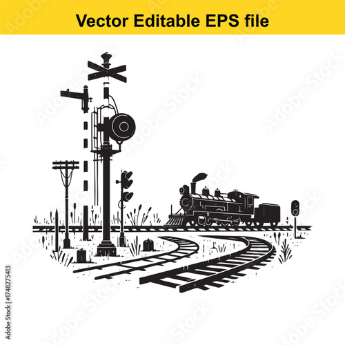 Vector art of vintage steam train on a railway track with signal lights and telegraph poles