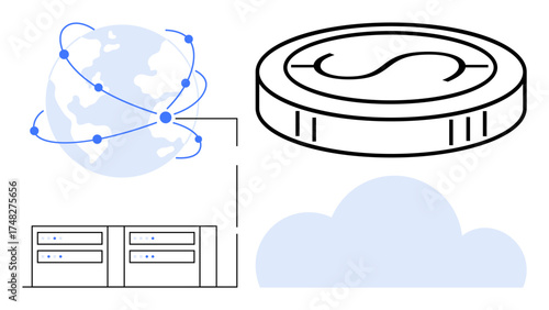 Globe with connected dots, coin, servers, and cloud. Ideal for finance, technology, networking, data storage cloud computing digital currency globalization. Simple flat metaphor