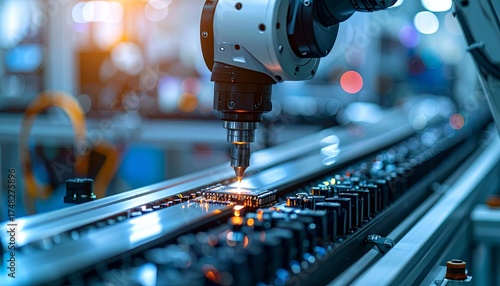 Advanced robotic arm precisely welds components on an automated assembly line in a modern smart factory, symbolizing innovation and efficiency in industrial manufacturing