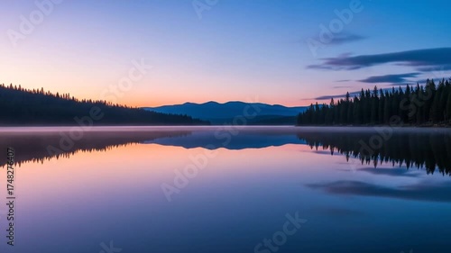 Wallpaper Mural Serene lake reflects misty dawn sky with distant mountains and pine forest. Torontodigital.ca