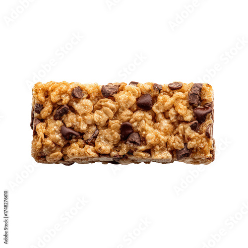 A single granola bar with chocolate chips, isolated on a transparent background