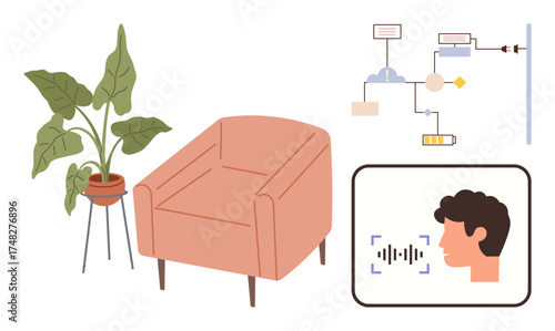 Armchair and plant near automation flowchart and face recognition system. Ideal for technology, smart living, interior design, IoT, AI, modern comfort, innovation concepts. Minimal flat metaphor