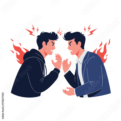 Two men in conflict with flames and anger surrounding them.