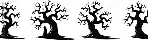 Black and white silhouette illustration of leafless trees, eerie forest landscape, spooky nature design for Halloween, fantasy, or gothic art