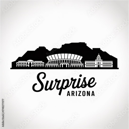‎Surprise, Arizona Skyline Silhouette — Minimal Vector Illustration with White Tank Mountains Backdrop