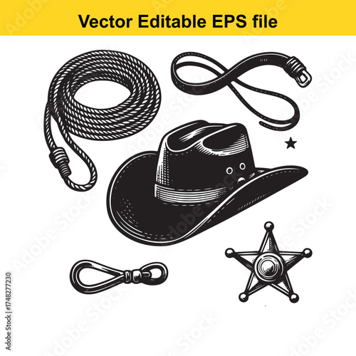 Vector art of cowboy hat, lasso rope, bandana, sheriff star badge, and belt buckle, western accessories