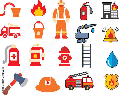 Firefighting Icons A Collection of Flat Design Illustrations for Emergency Services and Fire Safety