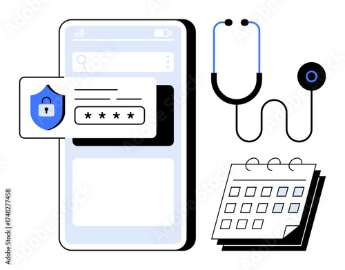 Smartphone with password protection, medical stethoscope, and calendar representing secure healthcare management. Ideal for health tech, online booking, telemedicine, privacy, appointments