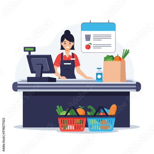 A friendly cashier is working at a supermarket checkout counter.