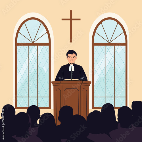 A preacher in a suit and clerical collar delivers a sermon to a congregation.