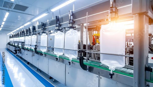 Automated production line with intravenous saline solution bags moving on a conveyor belt in a modern, sterile pharmaceutical factory.