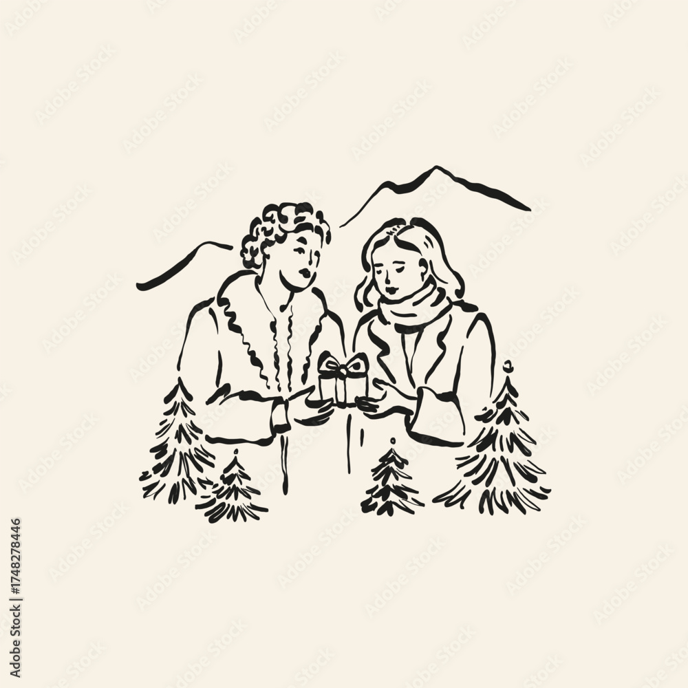 Obraz premium Minimalist Christmas vector illustration in hand-drawn line art style. Festive design for cards, posters, prints, and modern holiday greetings.