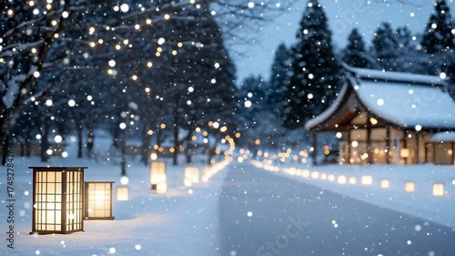 灯籠の光に包まれる参道に激しく降り注ぐ雪。Generative AI