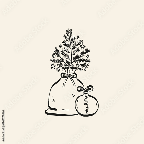 Minimalist Christmas vector illustration in hand-drawn line art style. Festive design for cards, posters, prints, and modern holiday greetings.