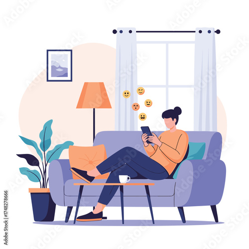 Woman sitting on sofa using smartphone and receiving emoji notifications.