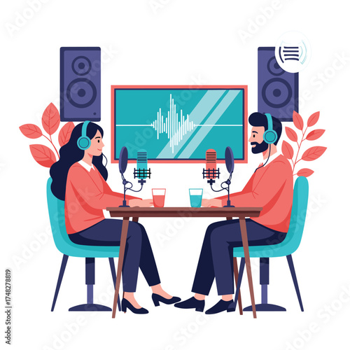 Two people recording a podcast episode together using professional equipment.