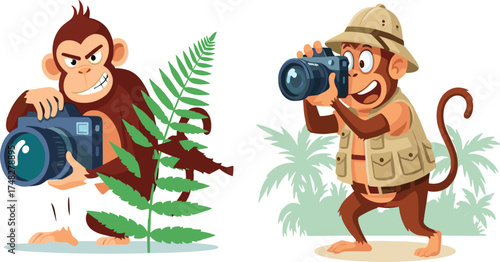 Wildlife Photographer Monkeys Cartoon Vector Illustration