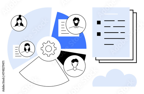 Profiles connected in pie chart, gears indicating workflow, documents representing task management. Ideal for teamwork, HR, project planning, remote work, communication, organization workflows