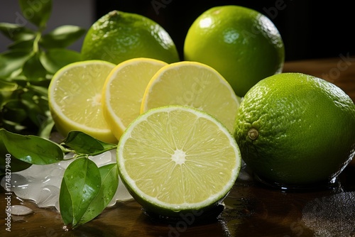Fresh limes and leaves with melting ice cubes create a refreshing scene on a wooden table