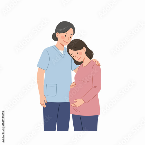 Supportive nurse or midwife comforting a pregnant woman, offering prenatal care and emotional reassurance, illustrating maternal health and wellbeing.