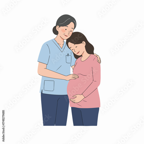 Caring healthcare professional comforting and supporting a pregnant woman, illustrating maternity care, health, and wellness.