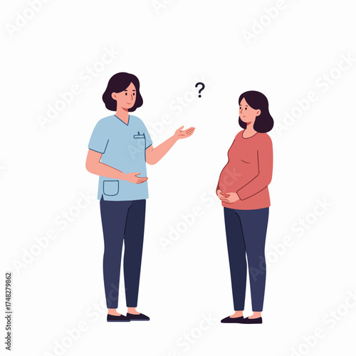 Healthcare professional explains to a pregnant woman with questions, highlighting maternal concerns and prenatal consultation during pregnancy.