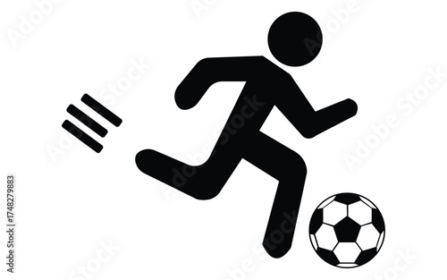 football player icon, dynamic silhouette of a soccer player kicking a ball in motion isolated on white background