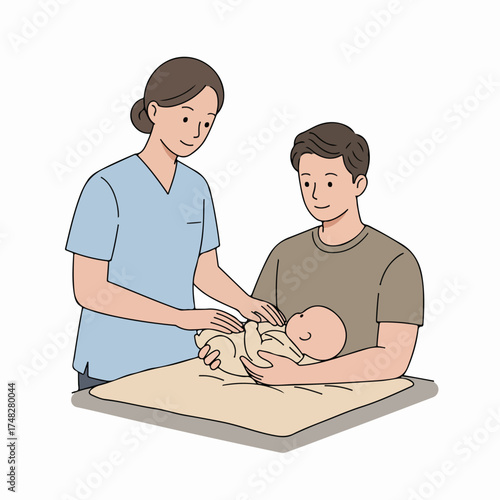 Nurse guiding a new father on gentle newborn care and handling, fostering confidence and paternal bonding in a medical setting.